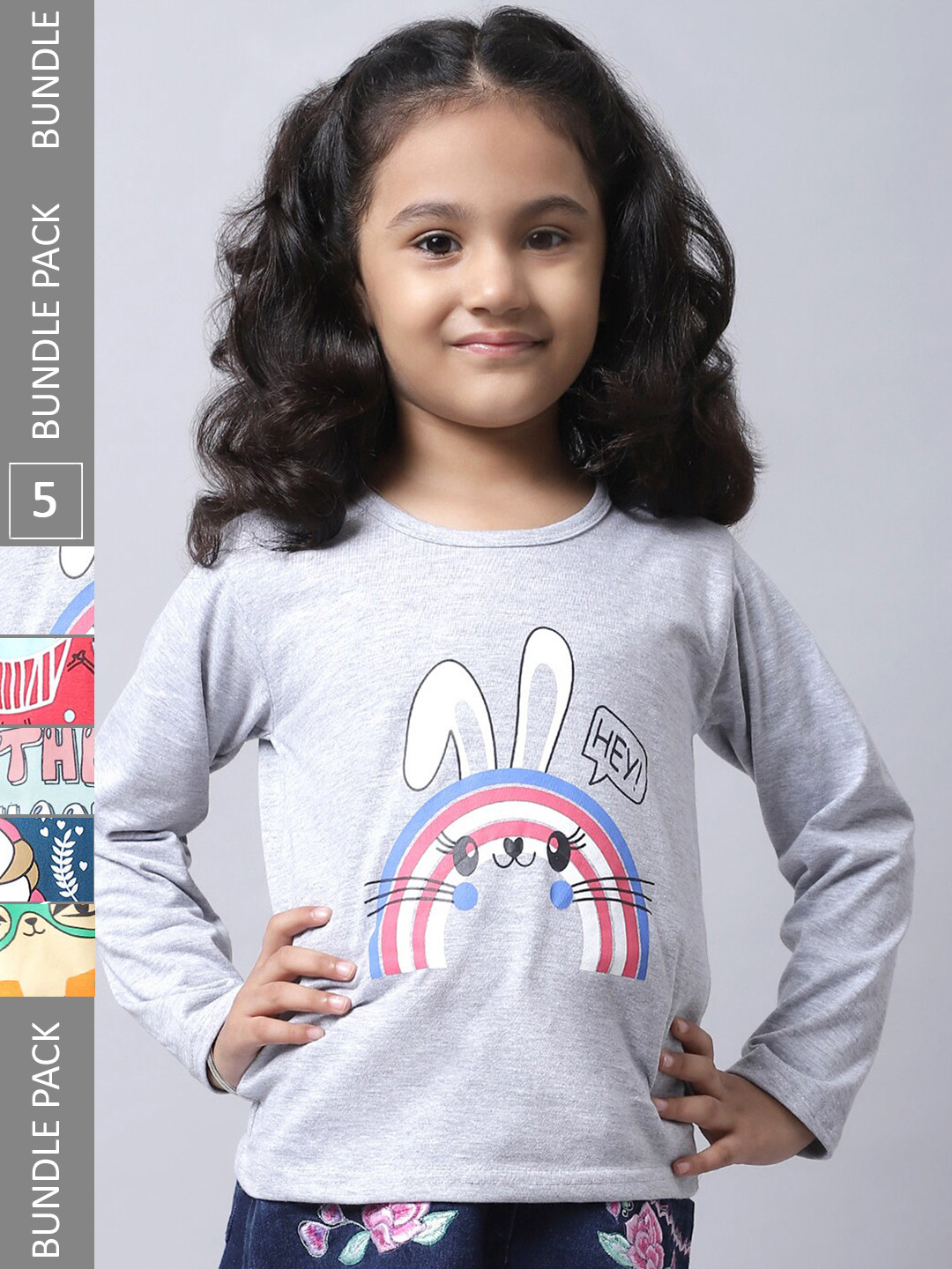 

BAESD Girls Pack of 5 Printed Regular Fit Cotton T-shirt, Grey melange