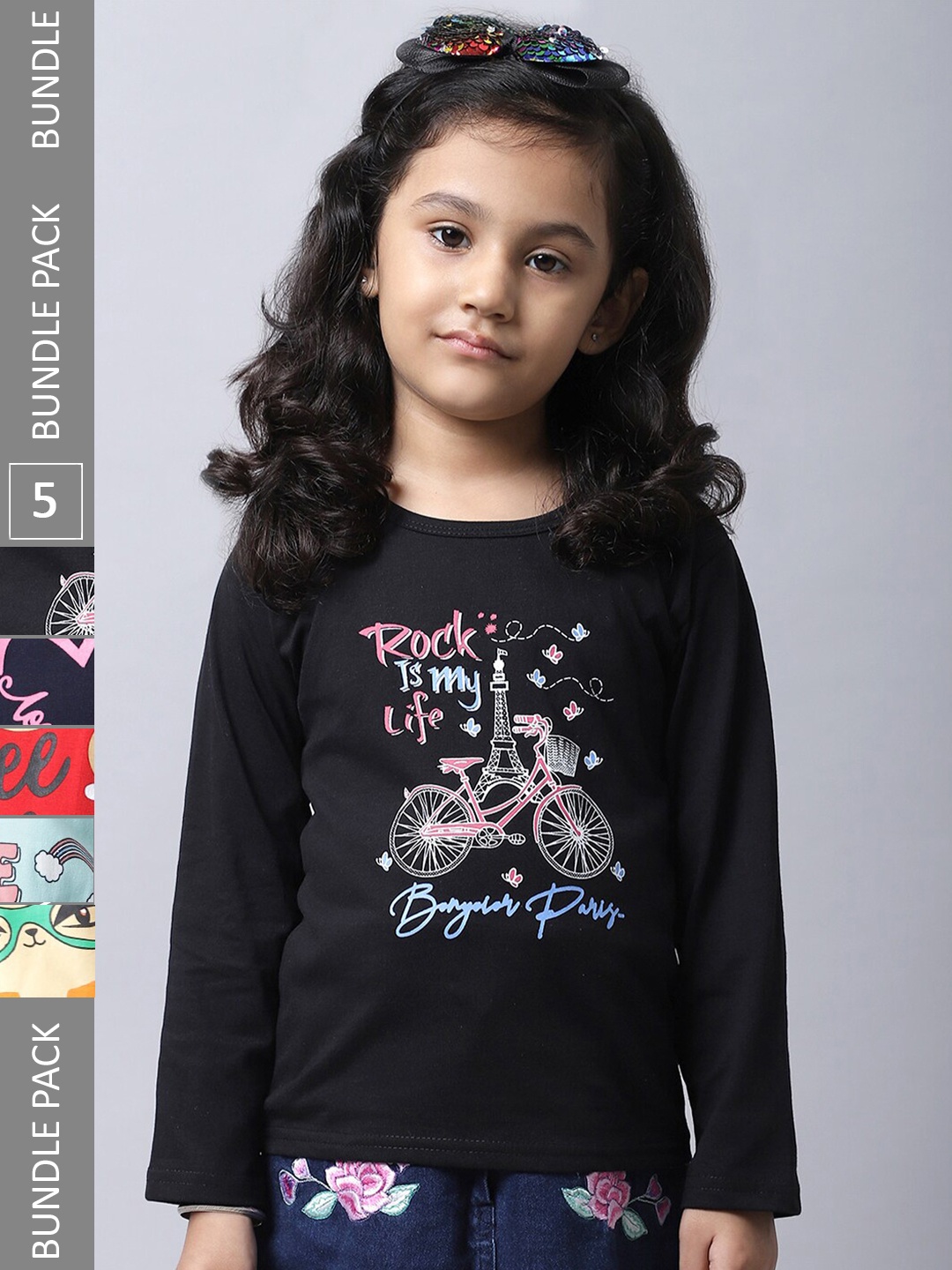 

BAESD Pack Of 5 Girls Printed Cotton Casual T-shirt, Black