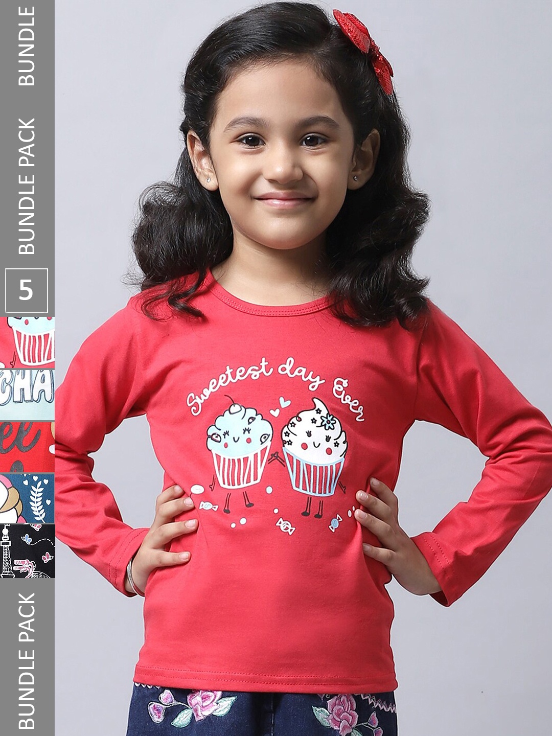 

BAESD Girls Pack Of 5 Printed Cotton T-shirt, Red
