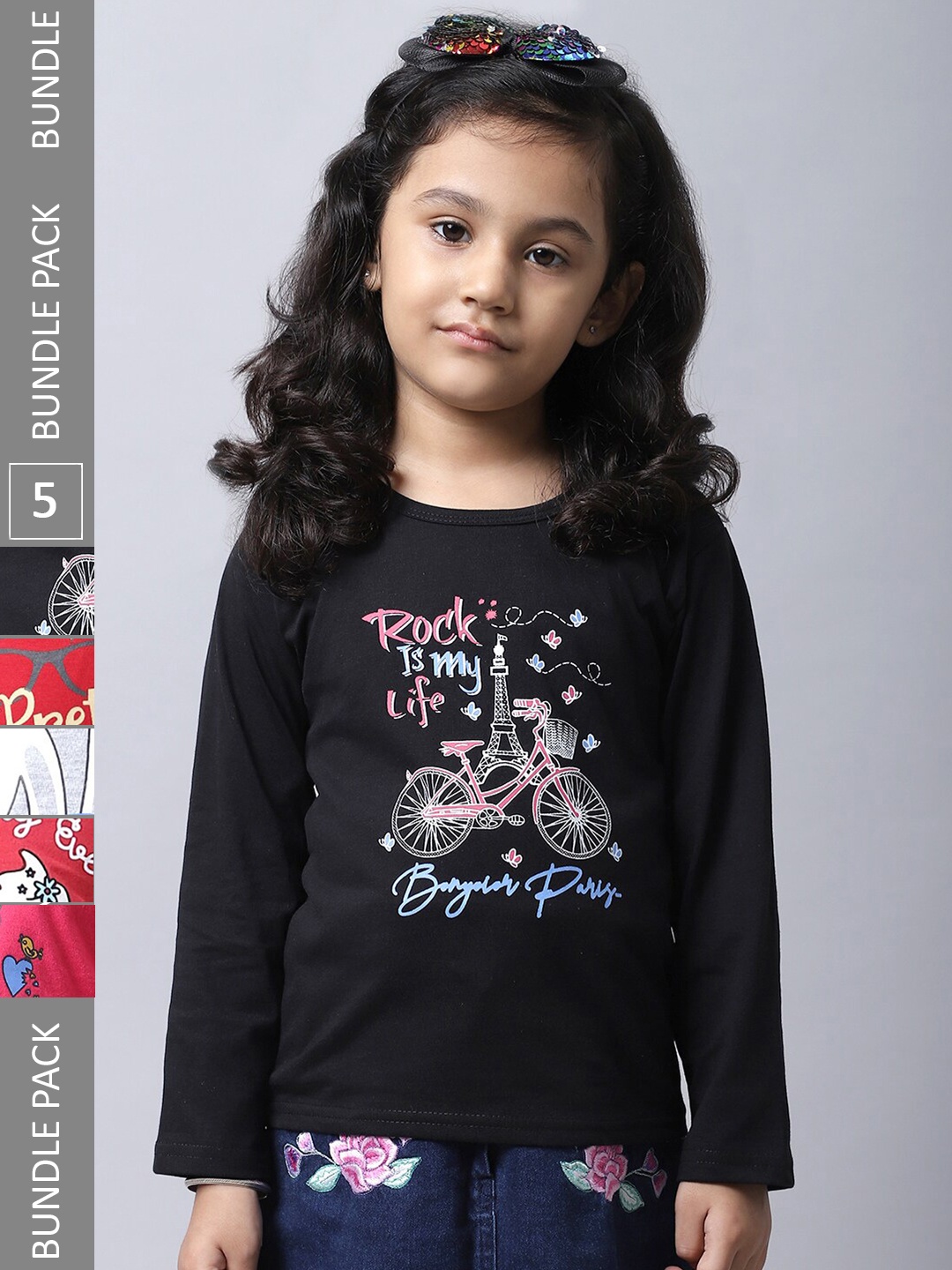 

BAESD Girls Pack Of 5 Graphic Printed Long Sleeves Pure Cotton T-shirt, Black