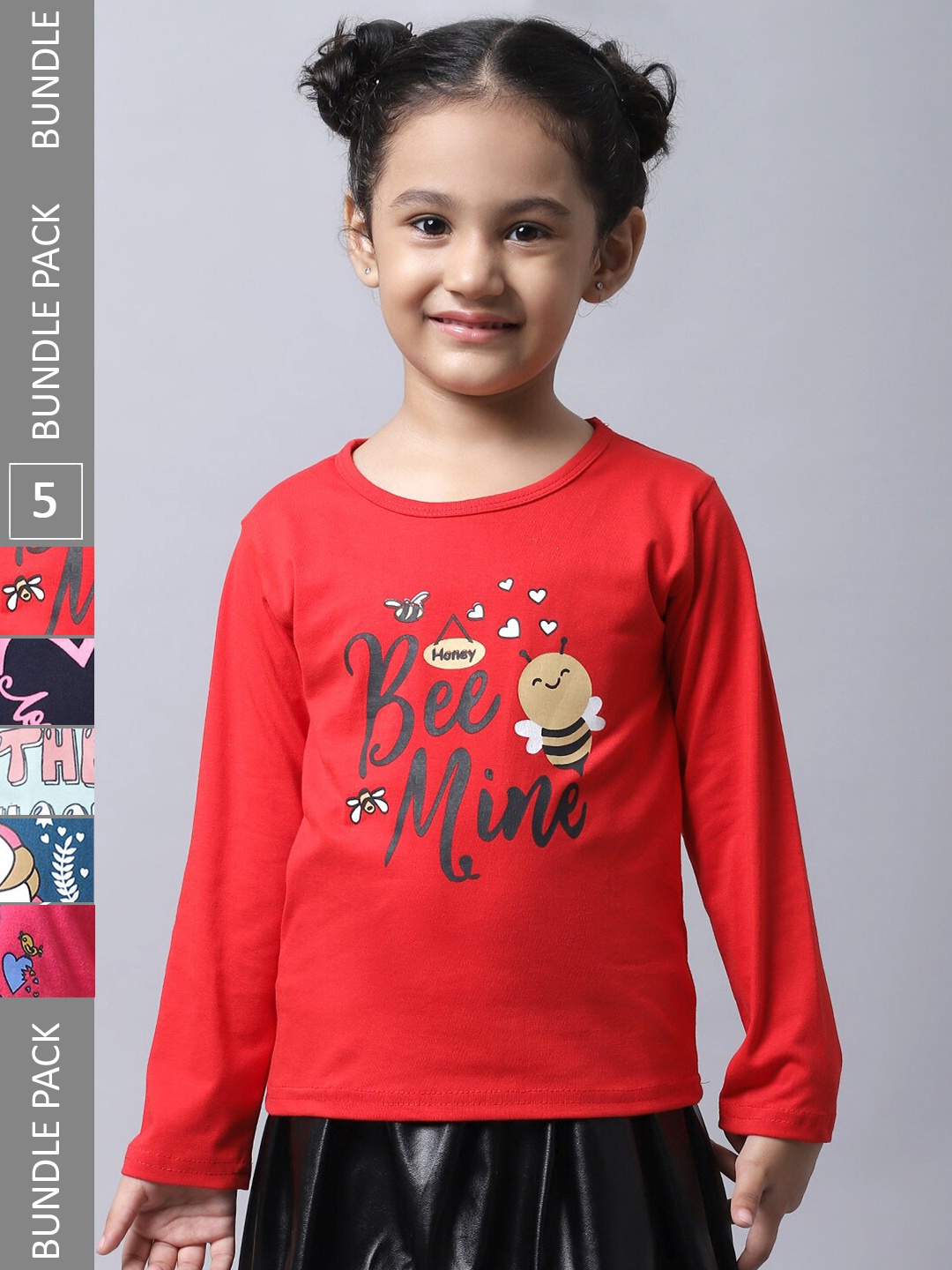 

BAESD Girls Pack Of 5 Graphic Printed Long Sleeve Pure Cotton T-shirt, Red