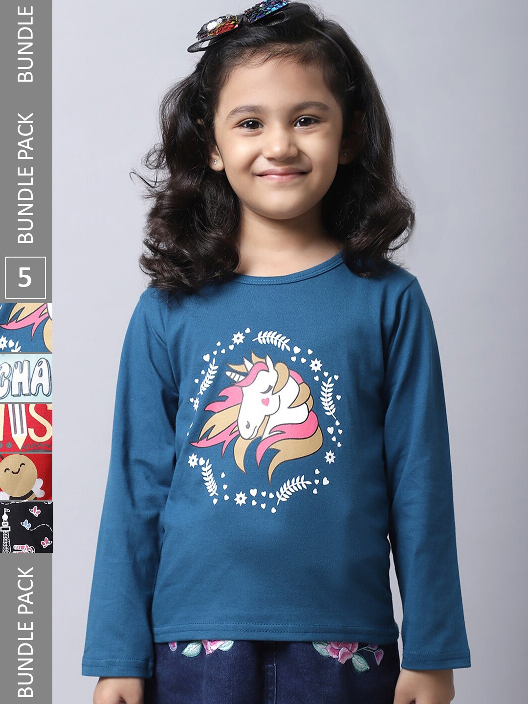 

BAESD Girls Pack Of 5 Graphic Printed Cotton T-shirt, Teal