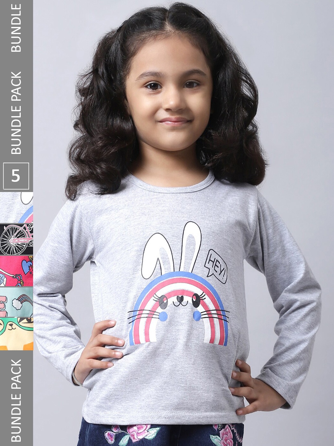 

BAESD Girls Pack Of 5 Graphic Printed Long Sleeve Pure Cotton T-shirt, Grey