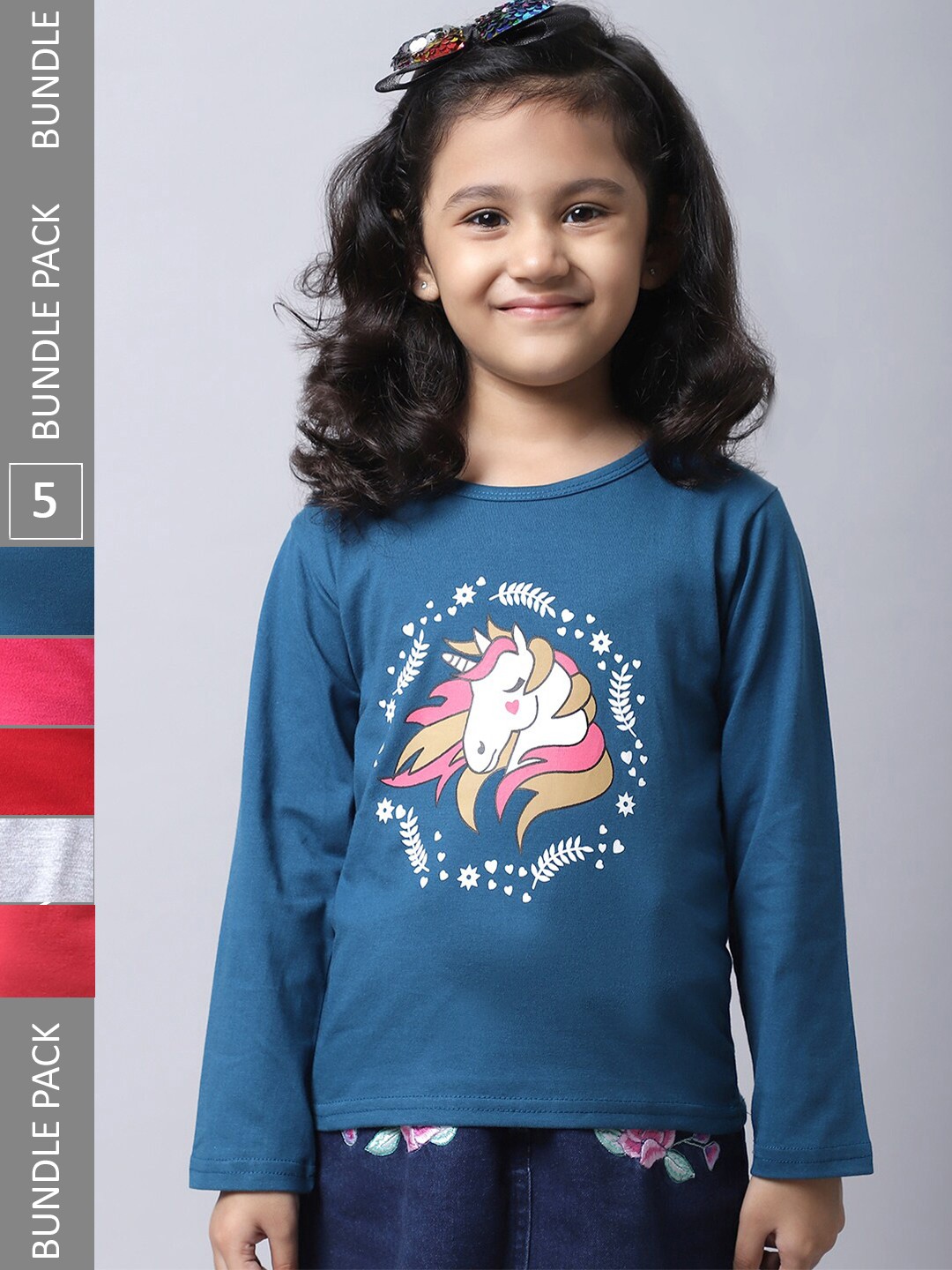 

BAESD Girls Pack Of 5 Printed Cotton T-shirt, Teal