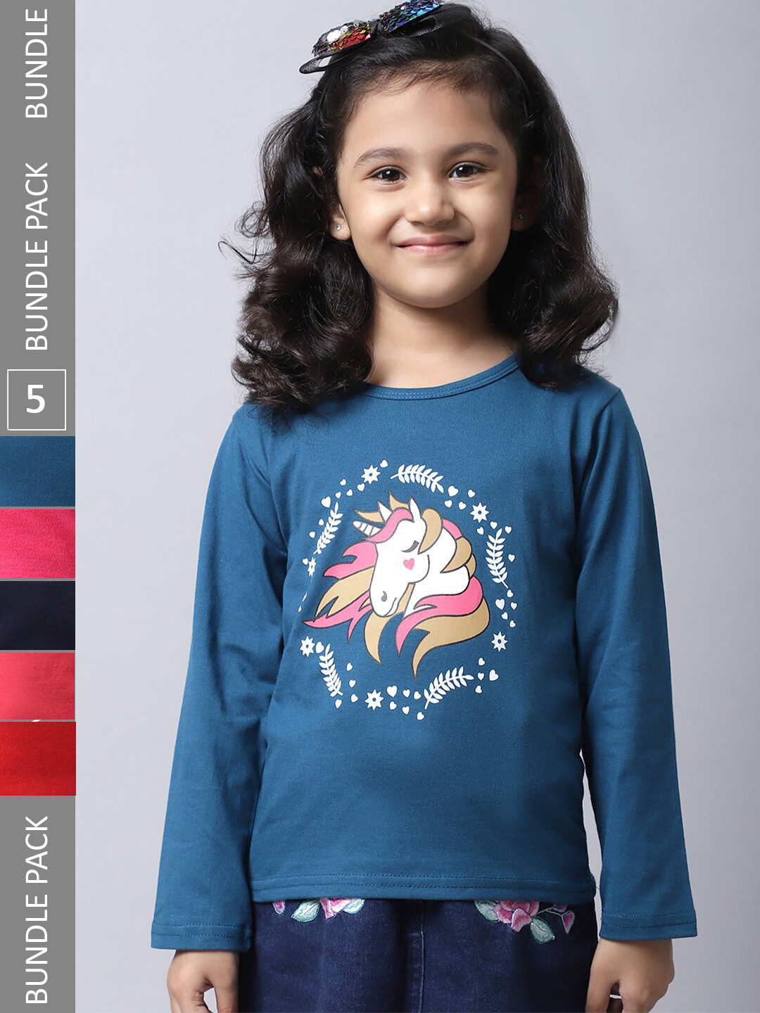 

BAESD Girls Pack Of 5 Graphic Printed Cotton T-shirt, Teal