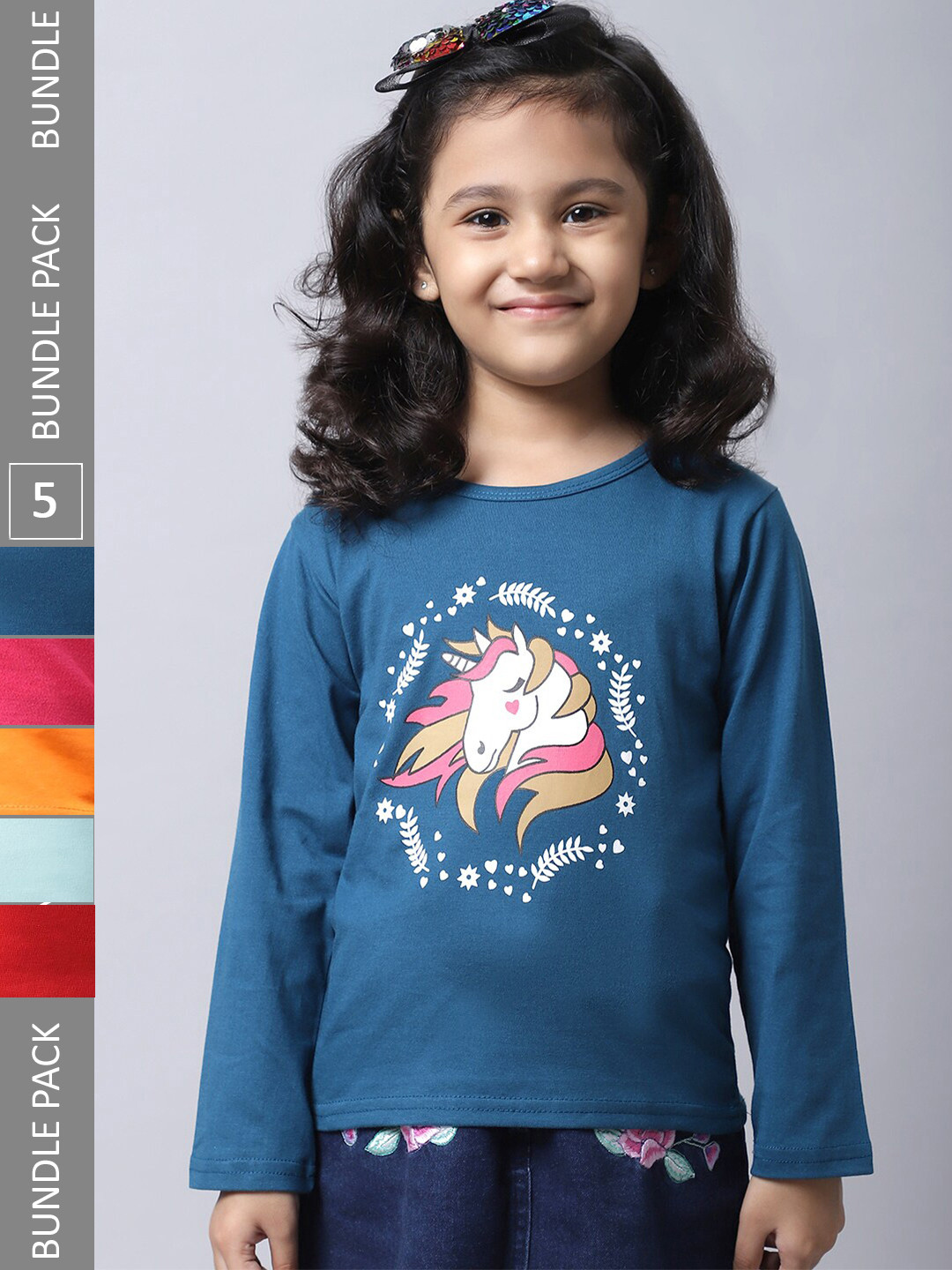 

BAESD Girls Pack Of 5 Graphic Printed Cotton T-shirt, Teal