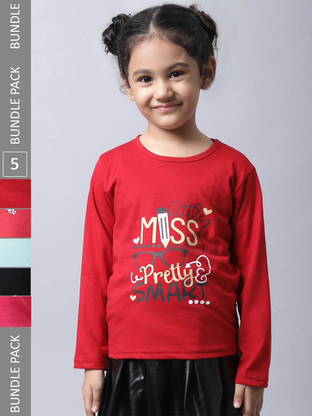 

BAESD Girls Pack of 5 Typography Printed Cotton T-shirts, Red