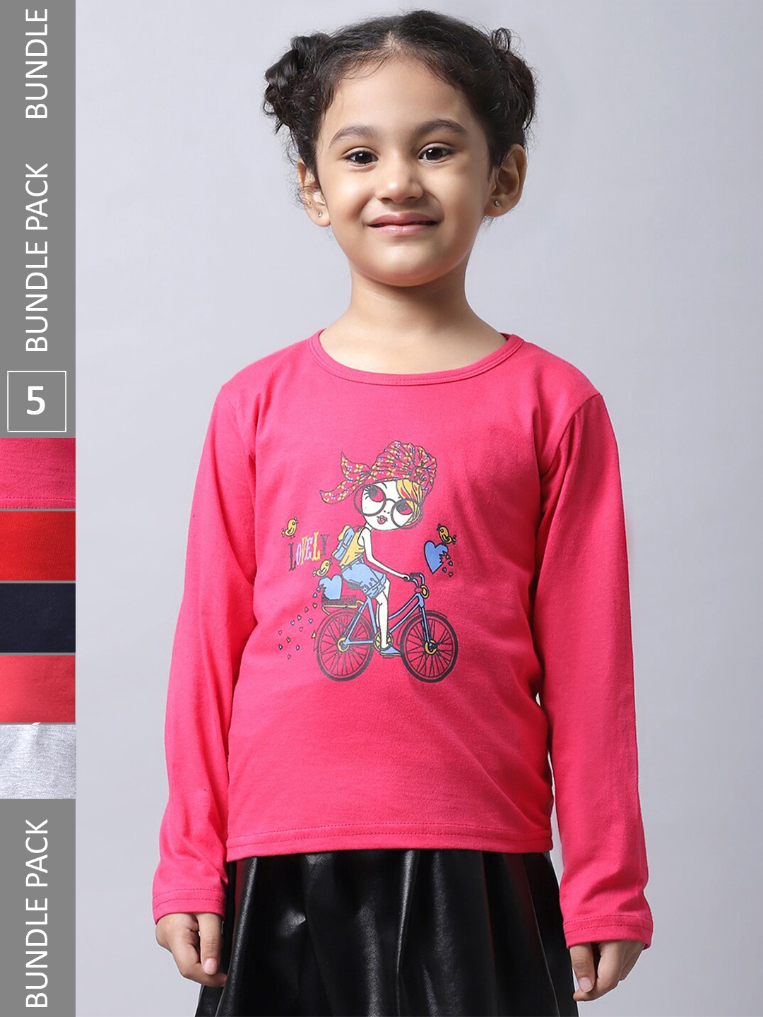 

BAESD Girls Pack Of 5 Graphic Printed Round Neck Cotton Regular T-shirt, Red
