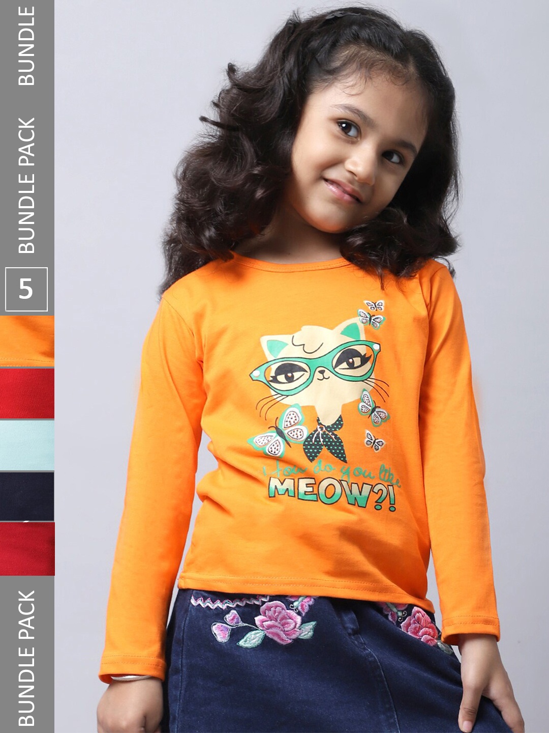 

BAESD Girls Pack Of 5 Graphic Printed Long Sleeve Pure Cotton T-shirt, Orange