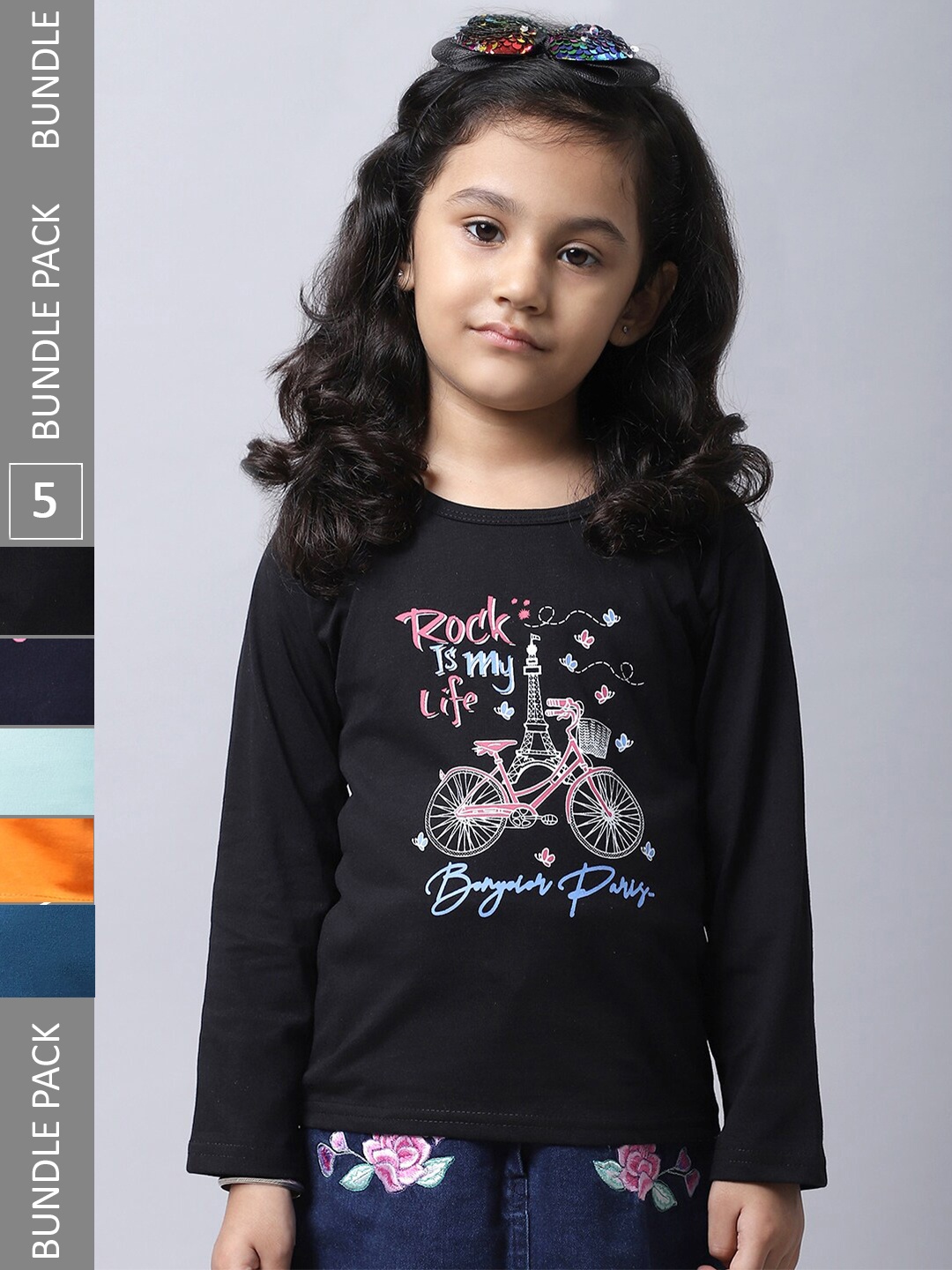 

BAESD Girls Pack Of 5 Graphic Printed Cotton T-shirt, Black