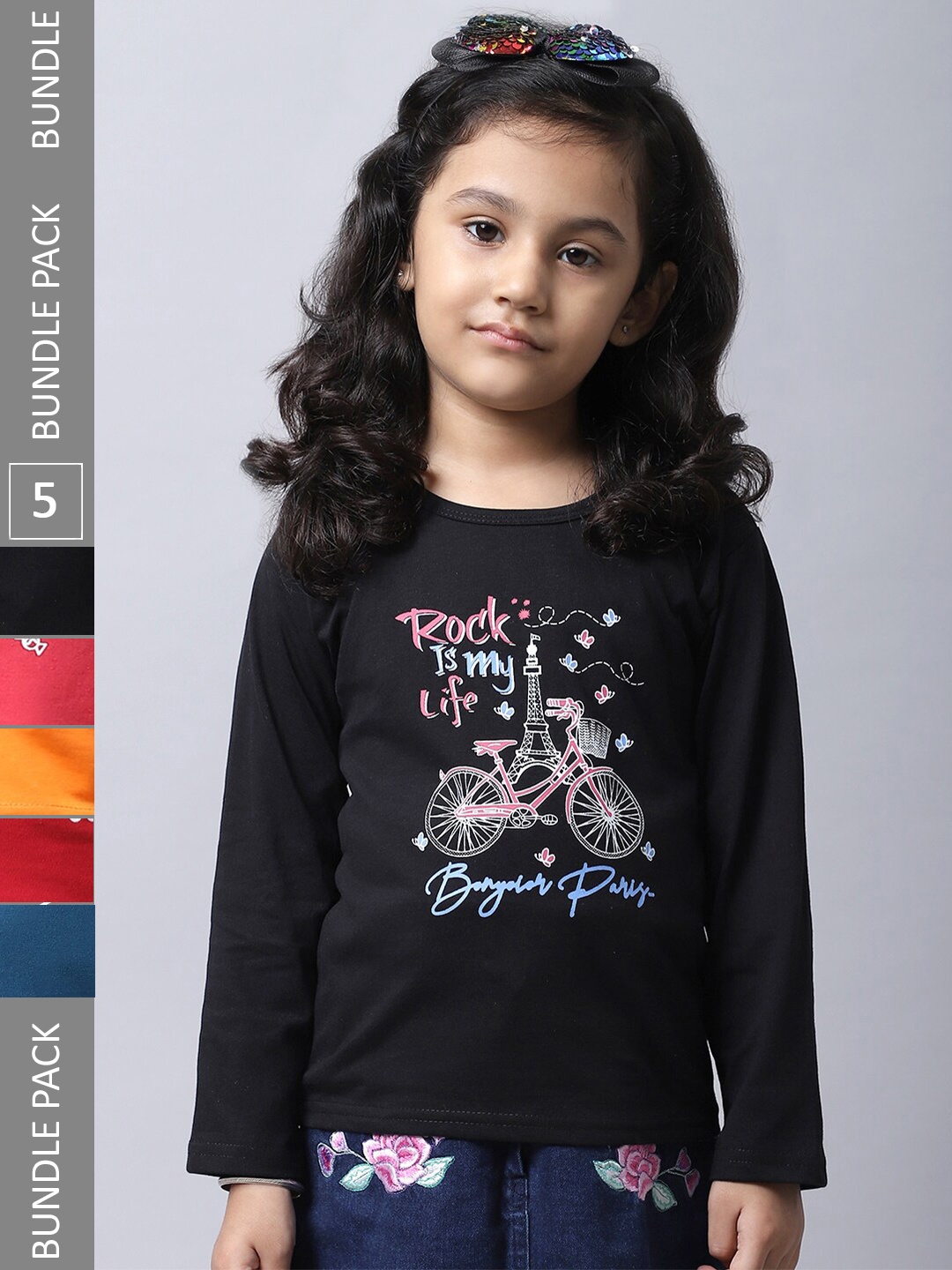 

BAESD Girls Pack of 5 Printed Regular Fit Cotton T-shirt, Black