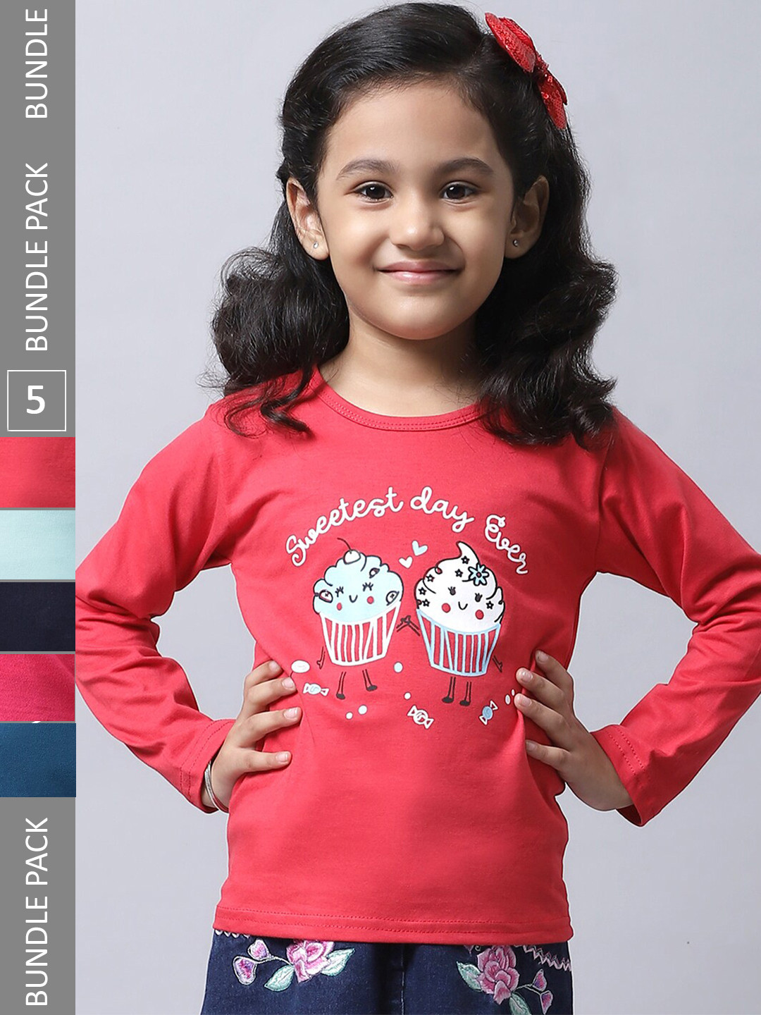 

BAESD Girls Pack Of 5 Graphic Printed Cotton T-shirts, Red