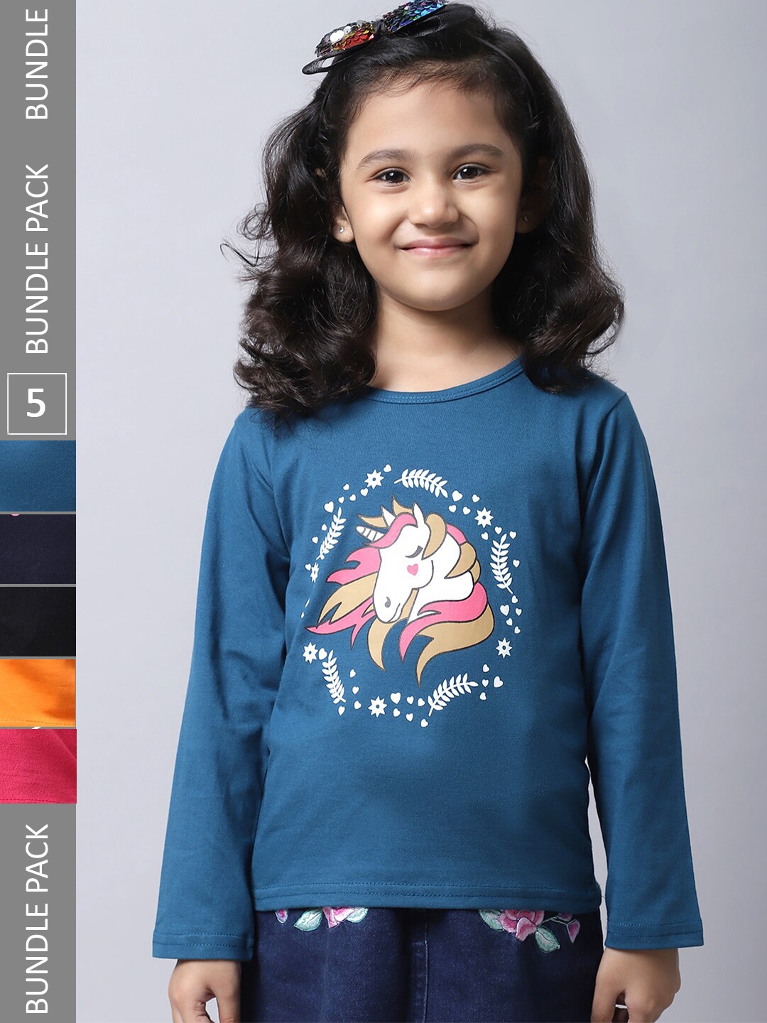 

BAESD Girls Pack Of 5 Graphic Printed Cotton T-shirt, Teal