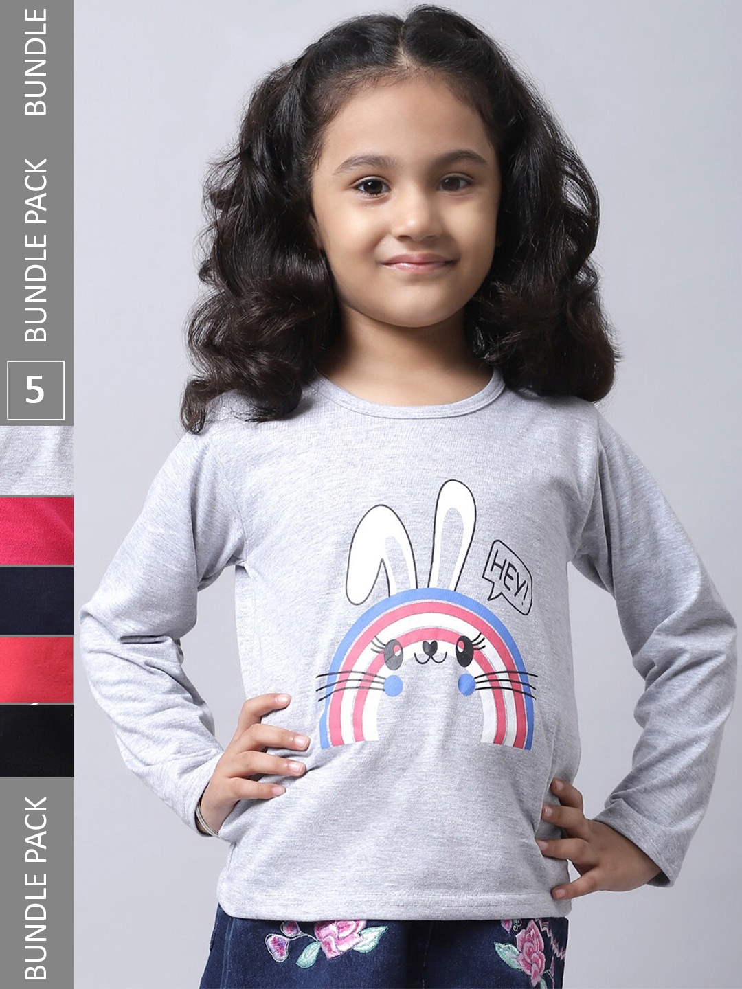 

BAESD Girls Pack of 5 Graphic Printed Cotton T-shirt, Grey