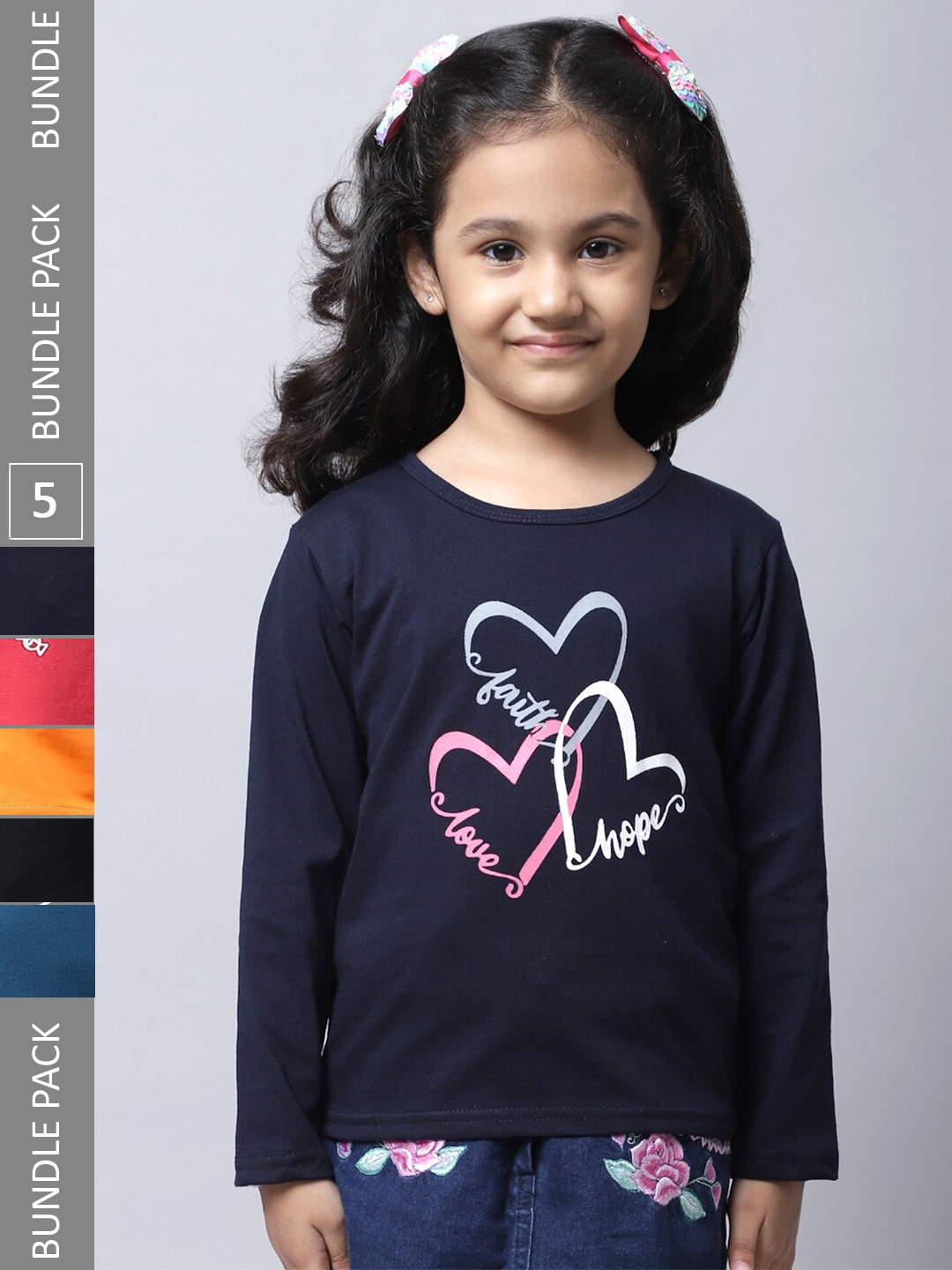

BAESD Girls Pack Of 5 Typography Printed Cotton T-shirts, Navy blue