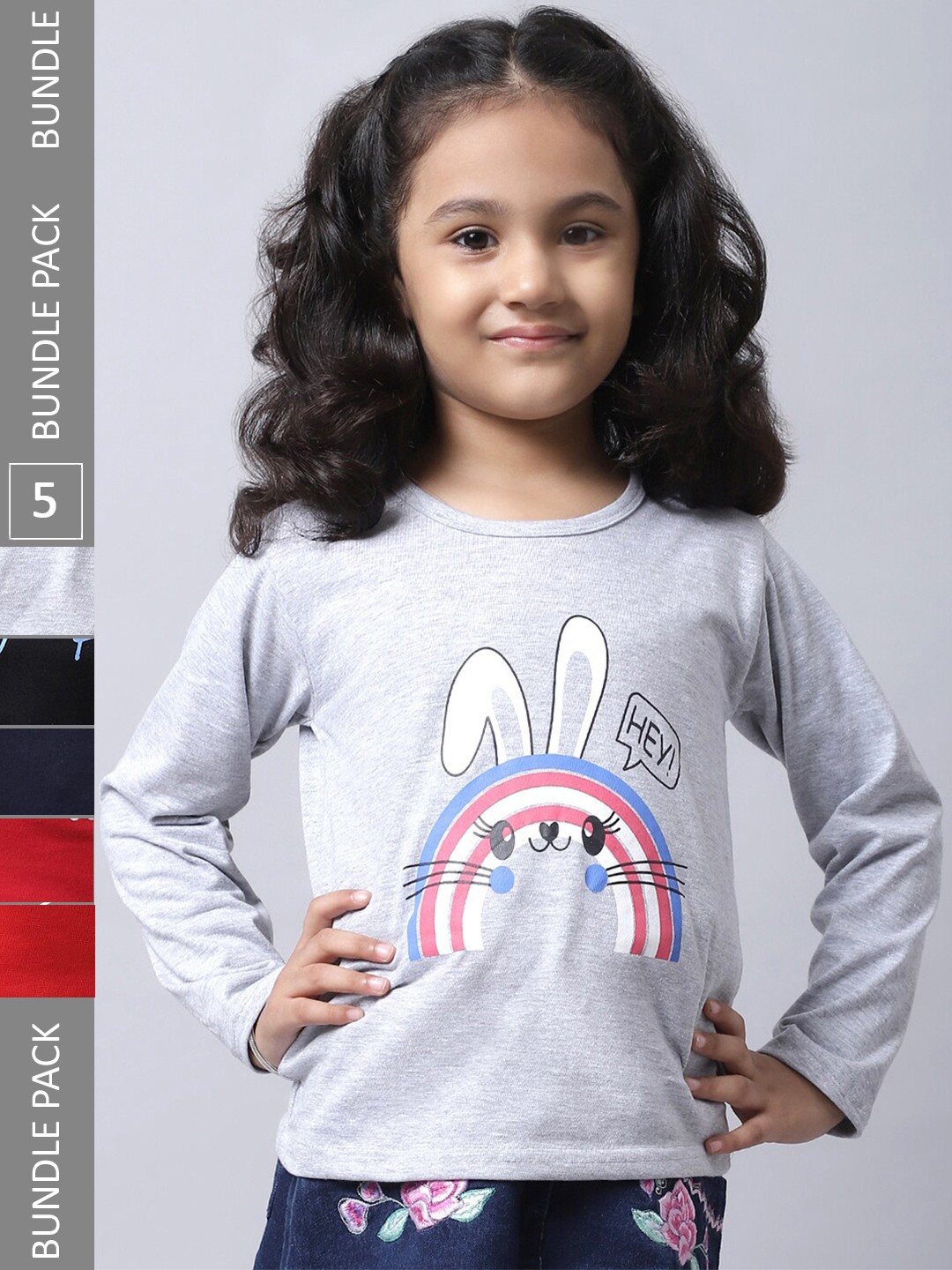 

BAESD Girls Pack Of 5 Graphic Printed Cotton T-shirt, Grey