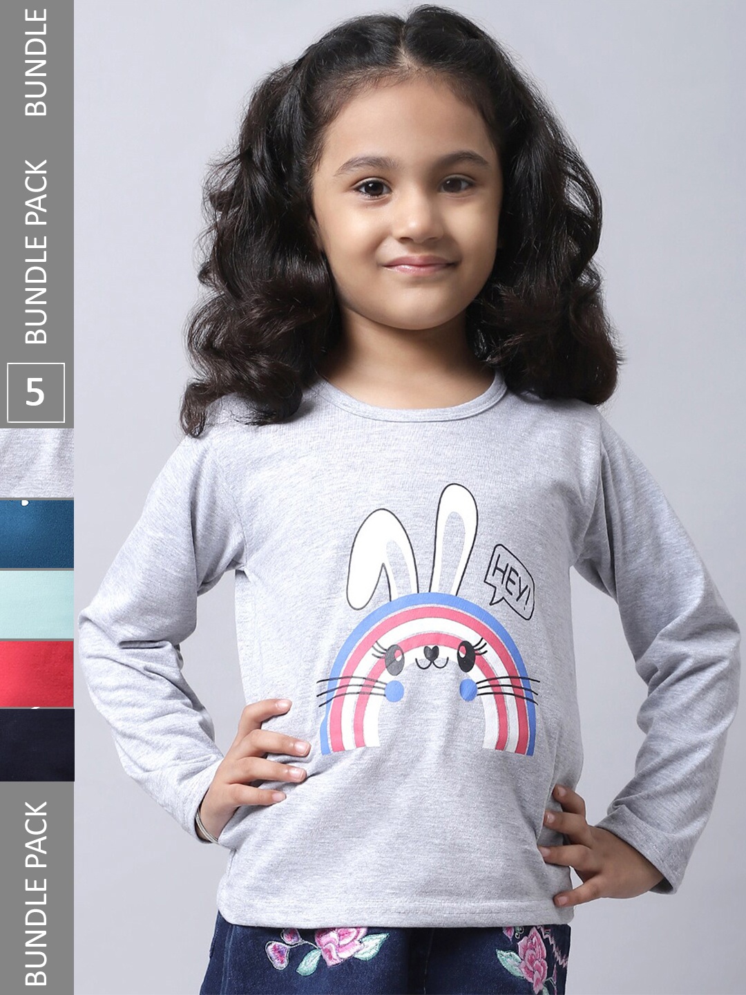 

BAESD Girls Pack Of 5 Graphic Printed Cotton T-shirt, Grey