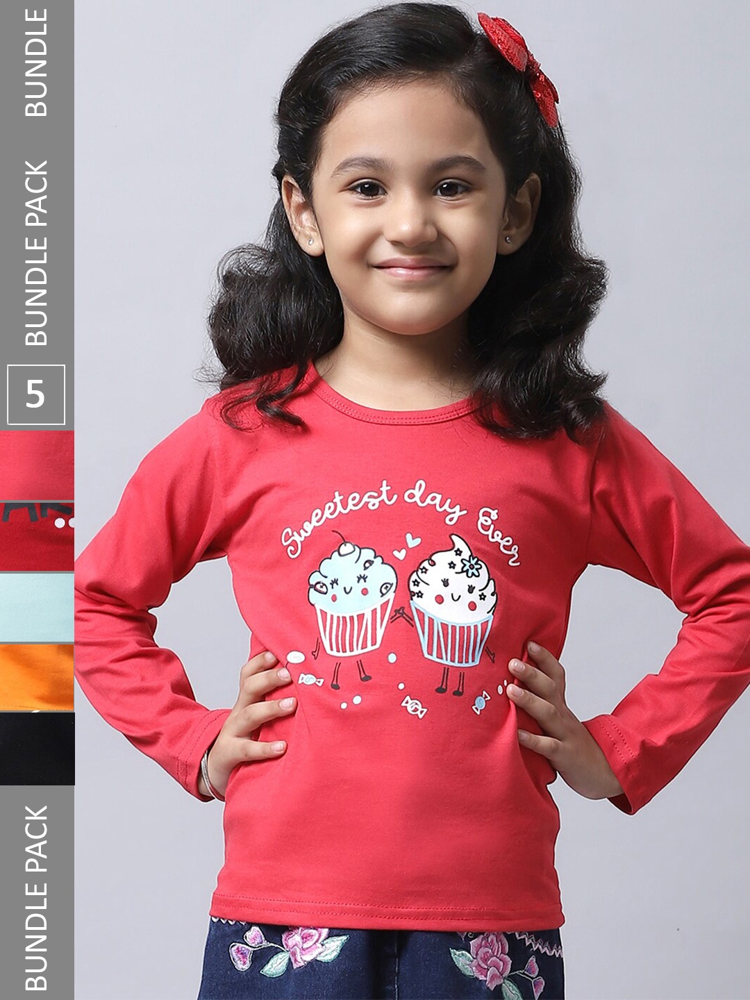 

BAESD Girls Pack Of 5 Graphic Printed Cotton T-shirt, Red
