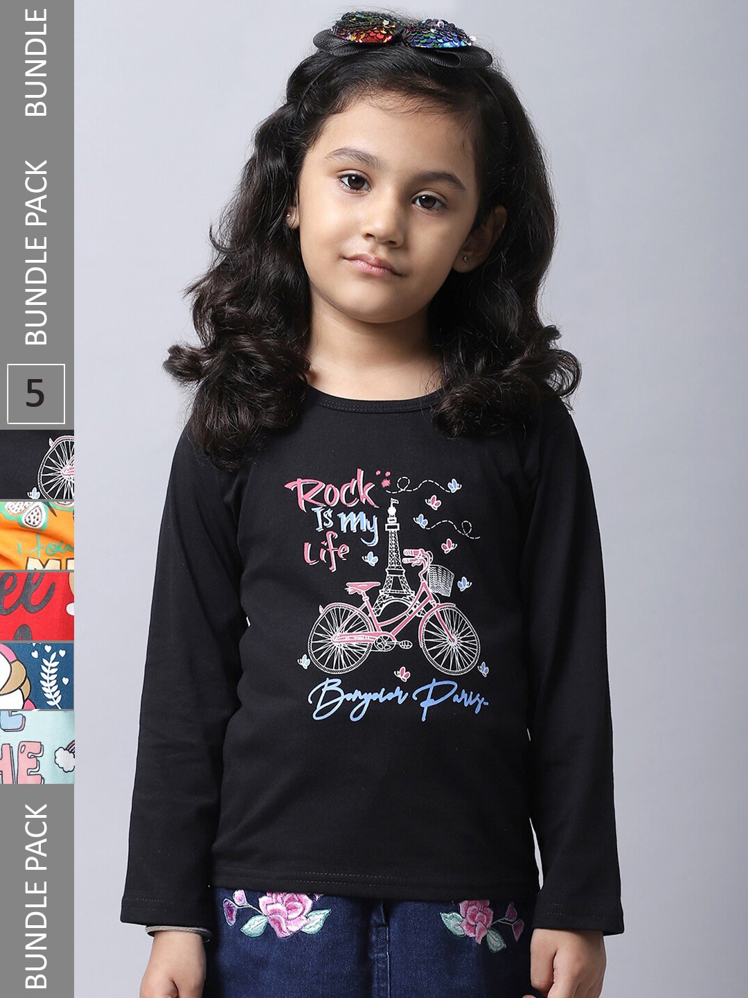 

BAESD Girls Pack Of 5 Graphic Printed Long Sleeves Cotton T-shirt, Black