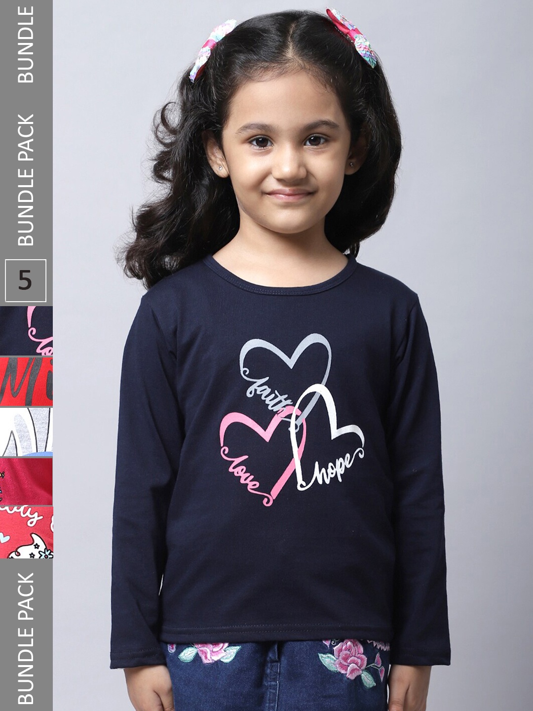 

BAESD Girls Pack Of 5 Graphic Printed Long Sleeves Cotton T-shirt, Navy blue