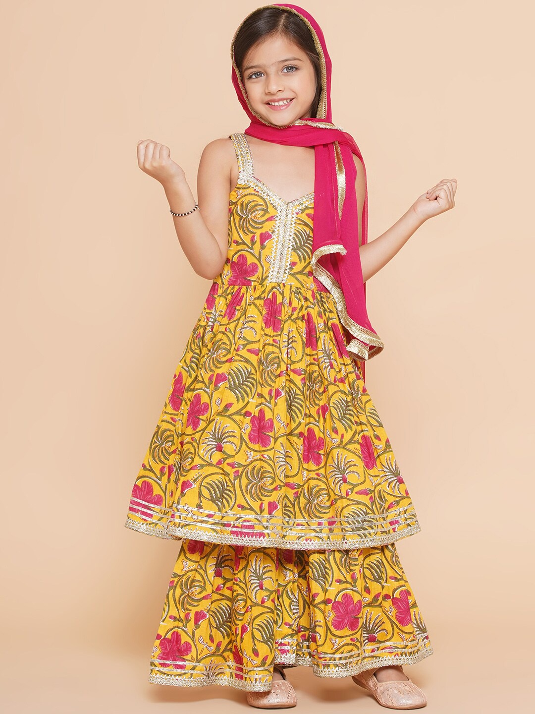 

Bitiya by Bhama Girls Yellow Floral Printed Empire Gotta Patti Pure Cotton Kurta with Sharara & With Dupatta