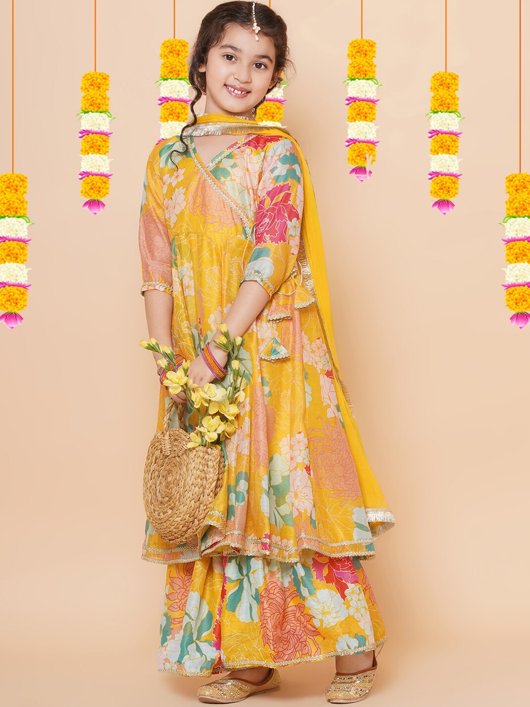 

Bitiya by Bhama Girls Yellow Floral Printed Angrakha Gotta Patti Kurta with Sharara & With Dupatta