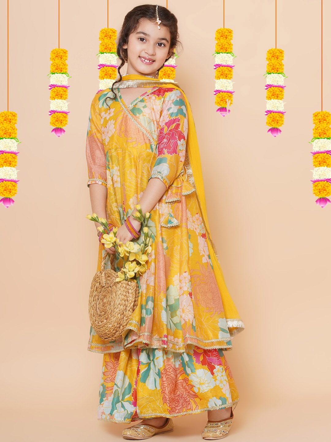 

Bitiya by Bhama Girls Floral Printed Angrakha Anarkali Kurta & Sharara with Dupatta, Yellow