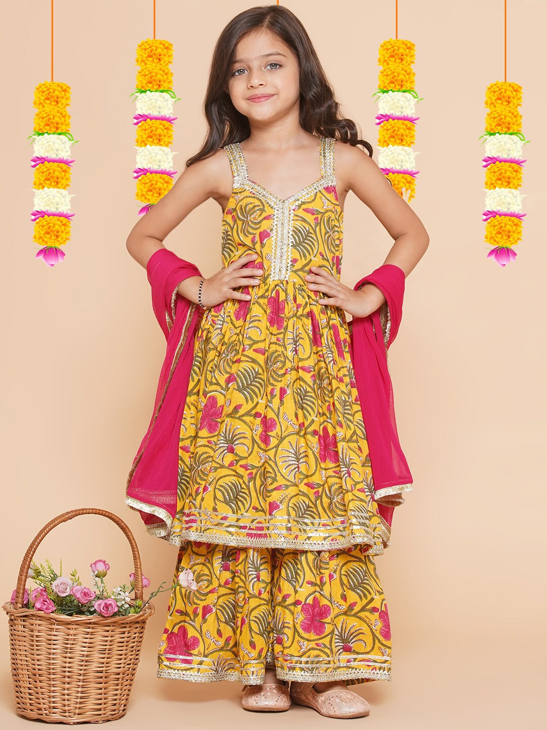 

Bitiya by Bhama Girls Yellow Floral Printed Empire Gotta Patti Pure Cotton Kurta with Sharara & With Dupatta