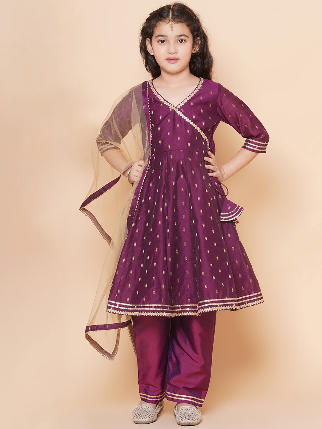 

Bitiya by Bhama Girls Burgundy Ethnic Motifs Angrakha Gotta Patti Kurta with Trousers & With Dupatta