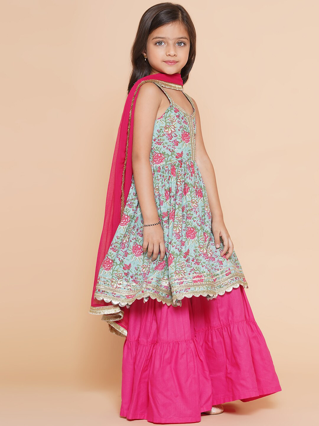 

Bitiya by Bhama Girls Blue Floral Printed Empire Gotta Patti Pure Cotton Kurta with Sharara & With Dupatta