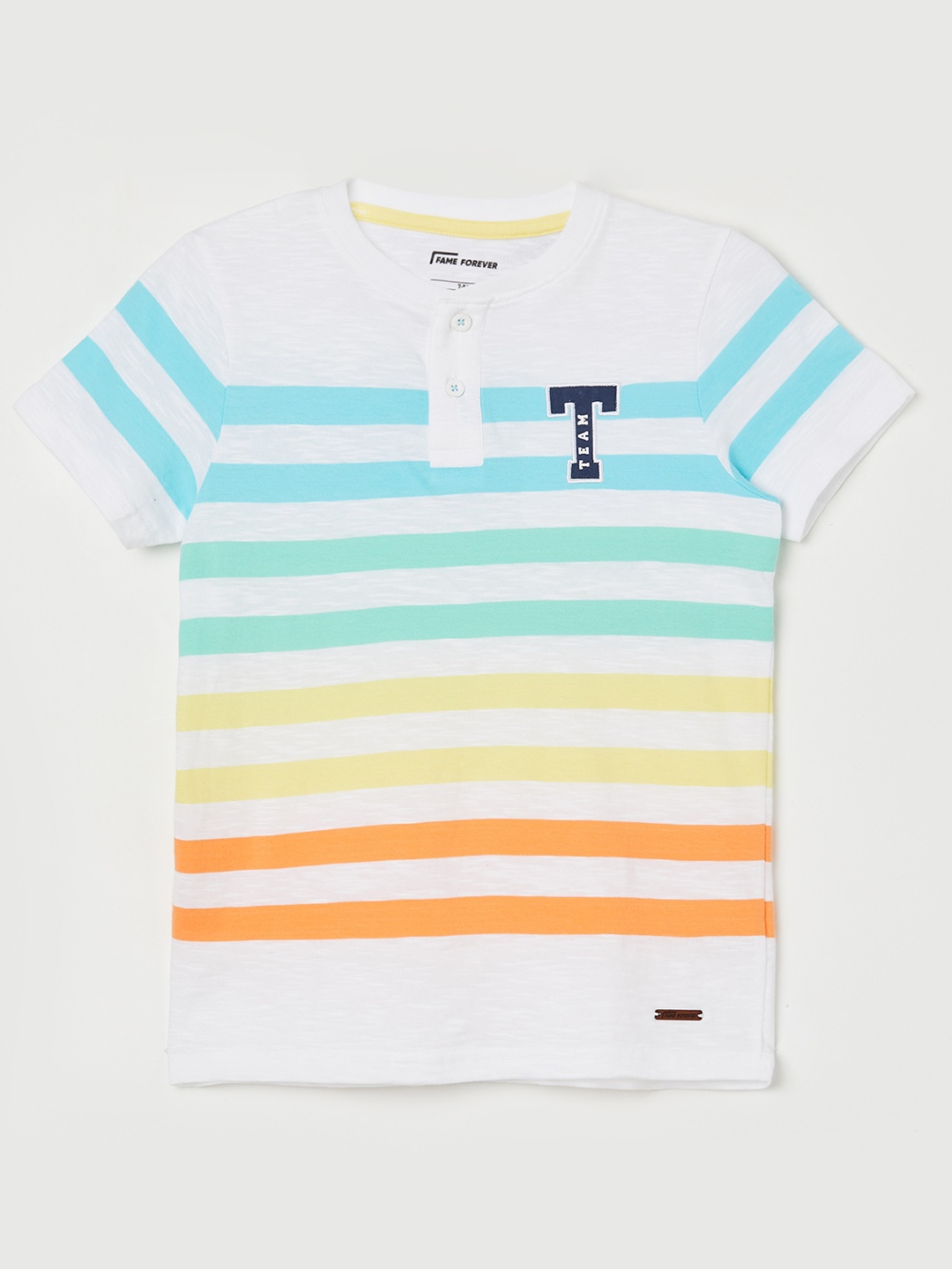 

Fame Forever by Lifestyle Boys Striped Henley Neck Pure Cotton T-shirt, White