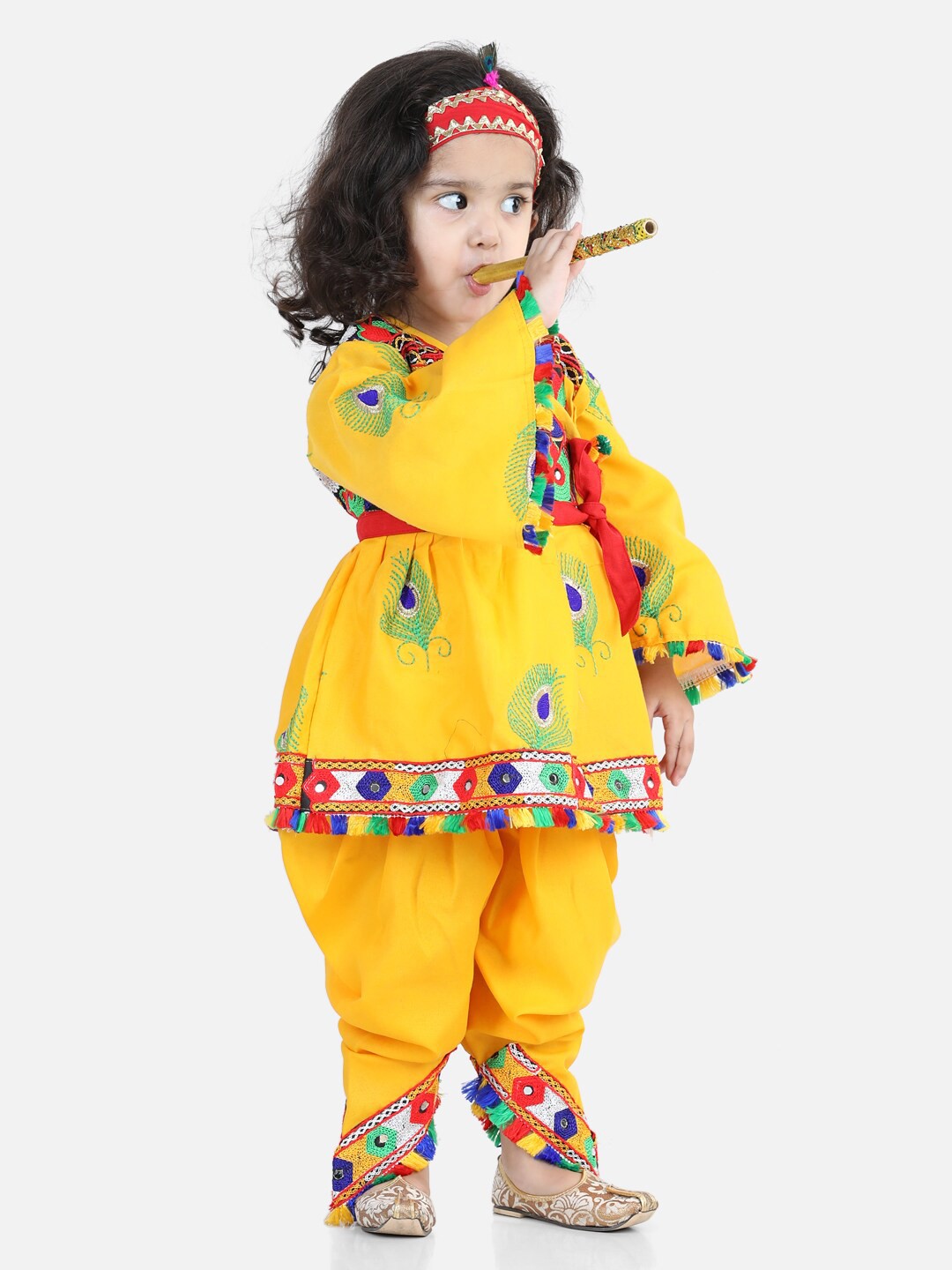 

BownBee Girls Radha Embellished Top With Dhoti Pants With Mukut Bansuri Belt, Yellow