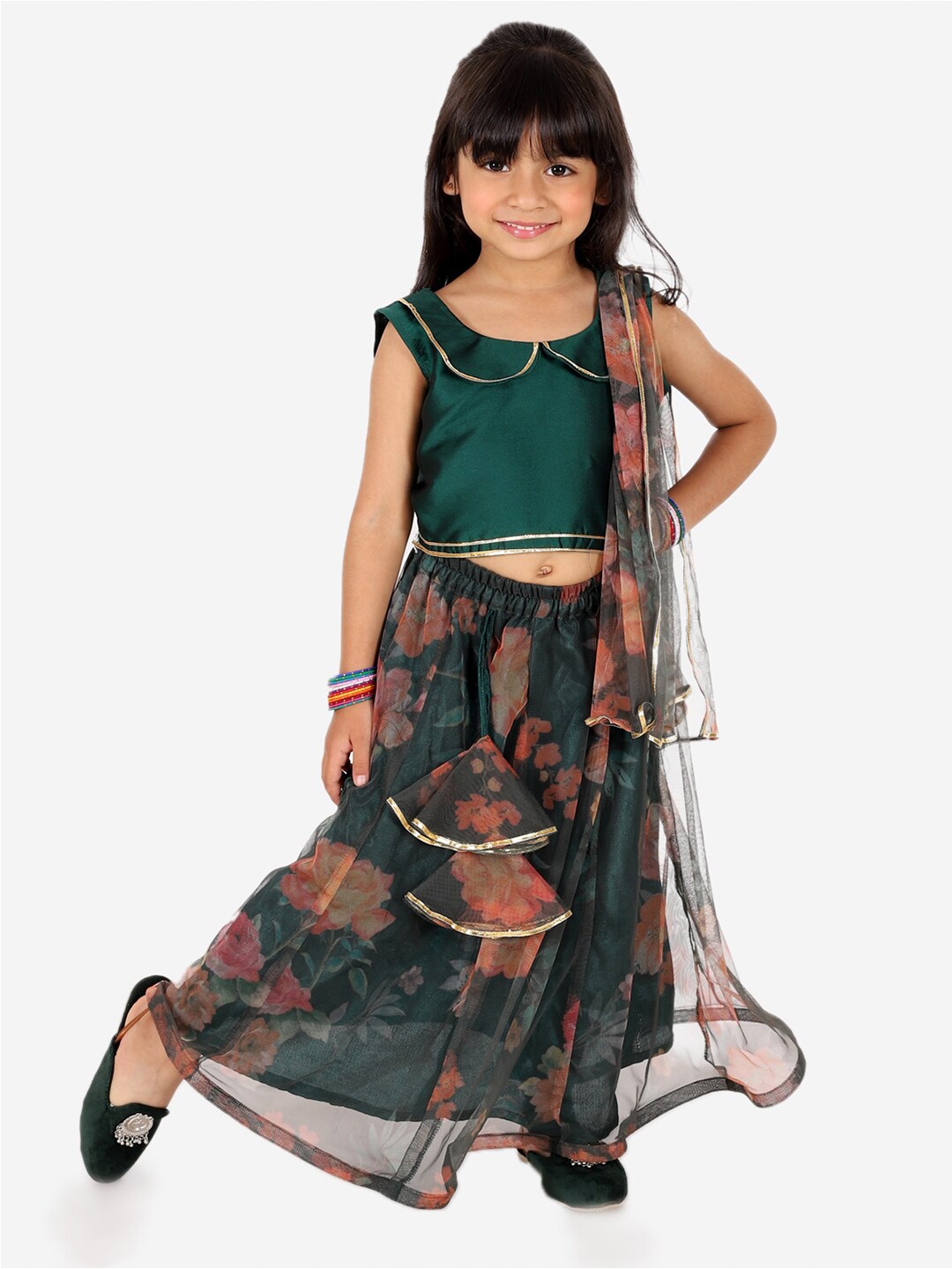 

BownBee Girls Embellished Ready to Wear Lehenga & Blouse With Dupatta, Green