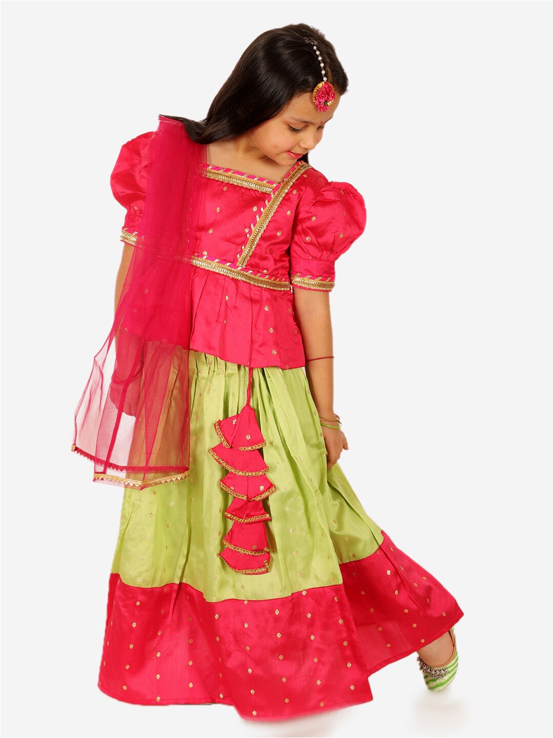 

BownBee Girls Embroidered Ready To Wear Lehenga & Blouse With Dupatta, Pink
