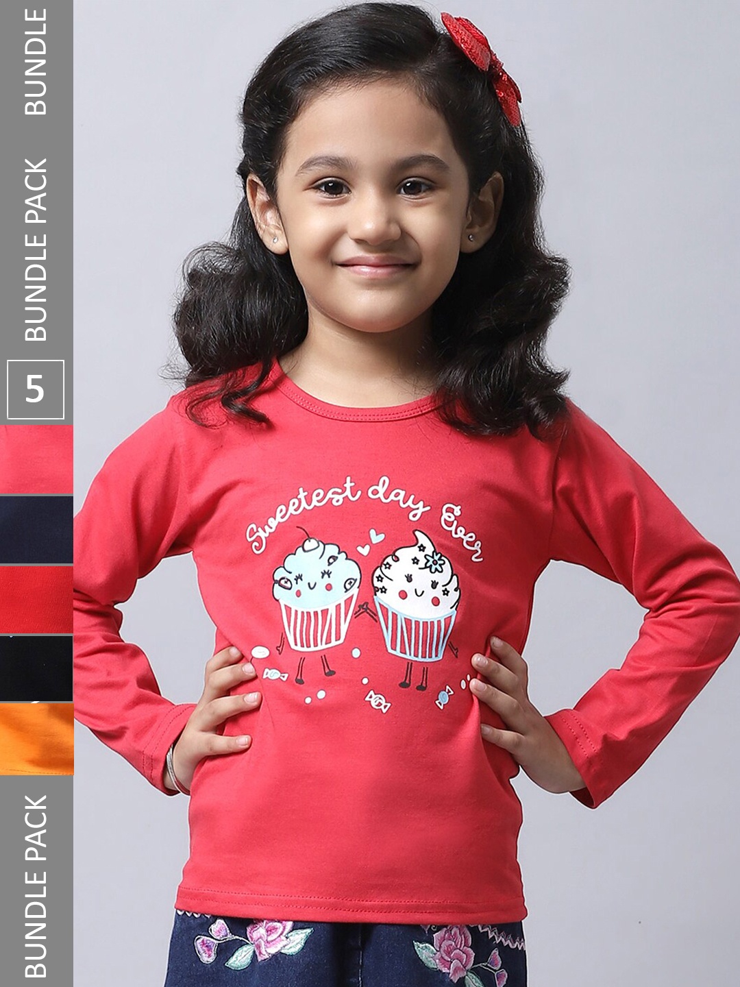 

BAESD Girls Pack Of 5 Graphic Printed Cotton T-shirts, Red