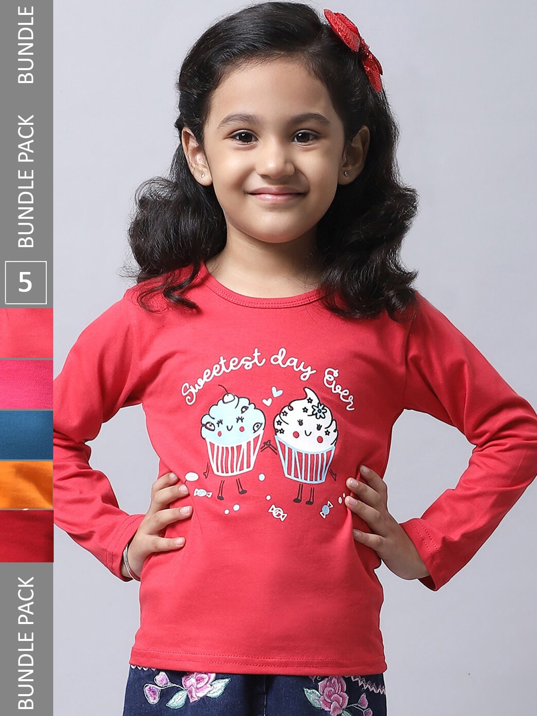 

BAESD Girls Pack Of 5 Graphic Printed Cotton T-shirts, Red