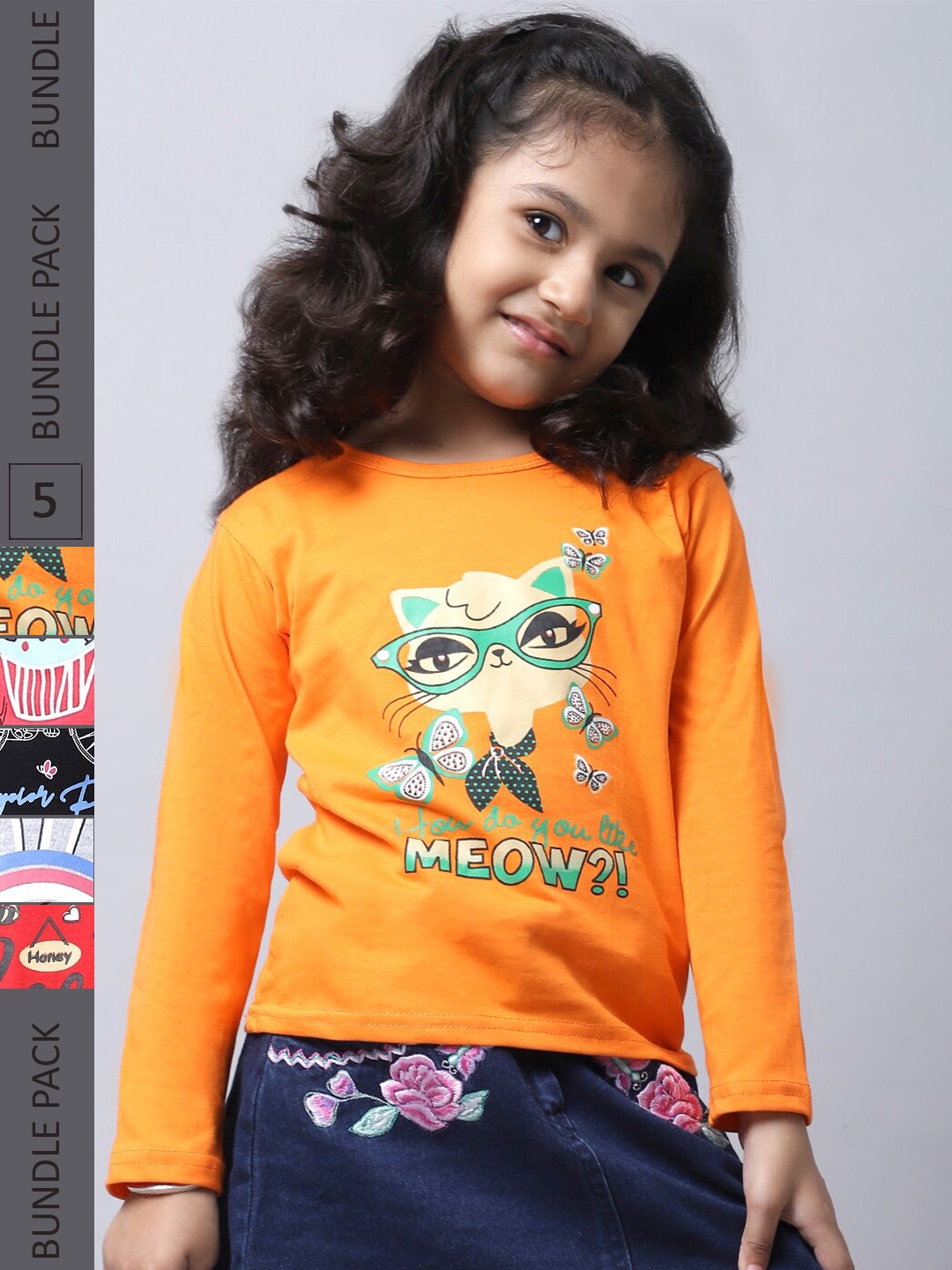 

BAESD Girls Pack of 5 Graphic Printed Cotton T-shirt, Mustard