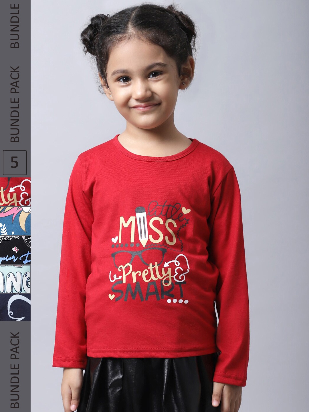 

BAESD Girls Pack Of 5 Graphic Printed Cotton T-shirt, Red