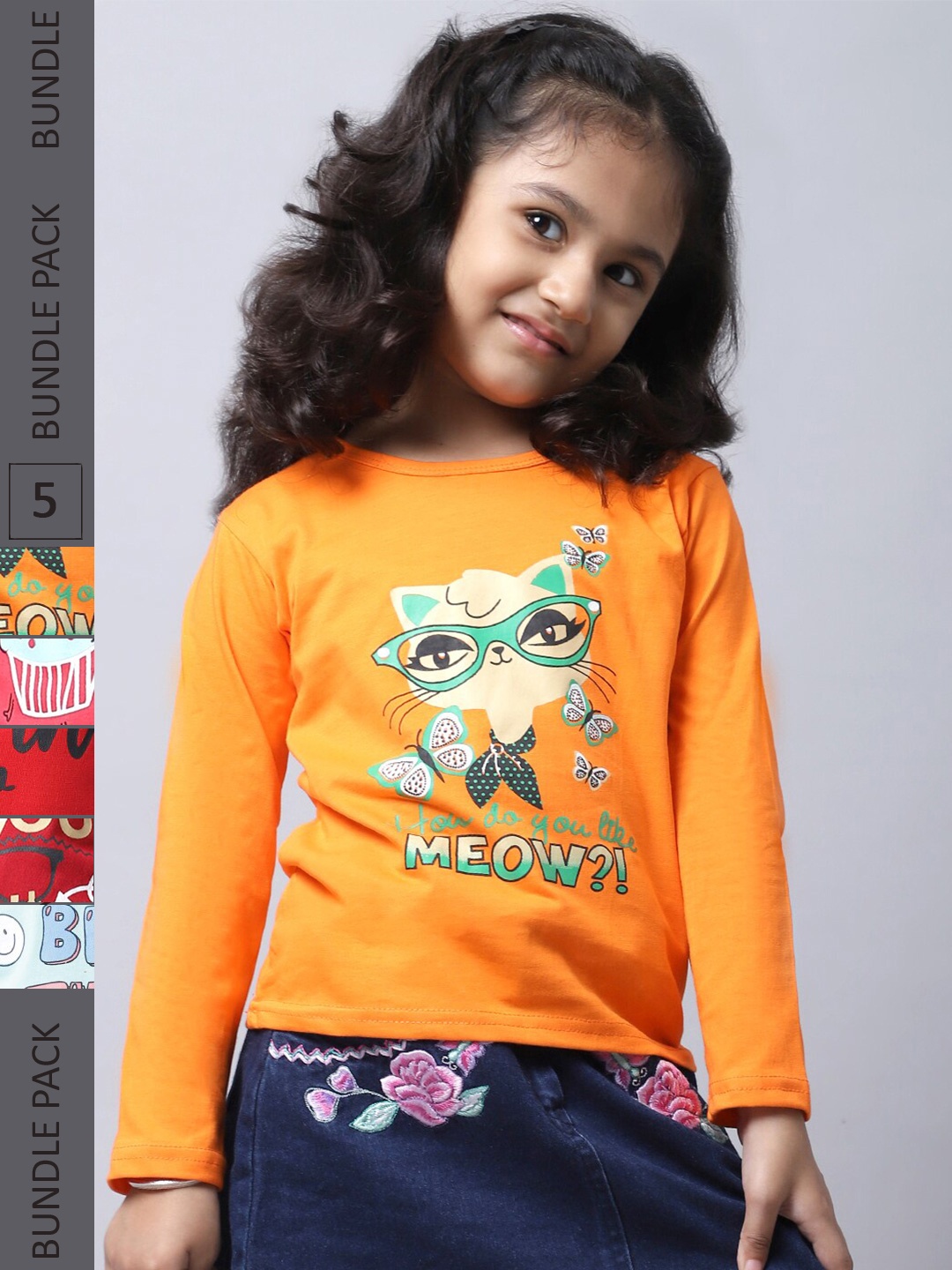 

BAESD Girls Pack Of 5 Graphic Printed Cotton T-shirt, Orange