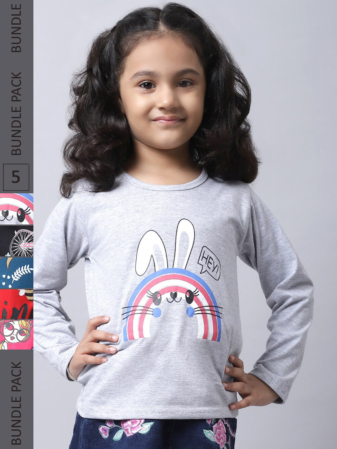 

BAESD Girls Pack Of 5 Graphic Printed Cotton T-shirt, Grey
