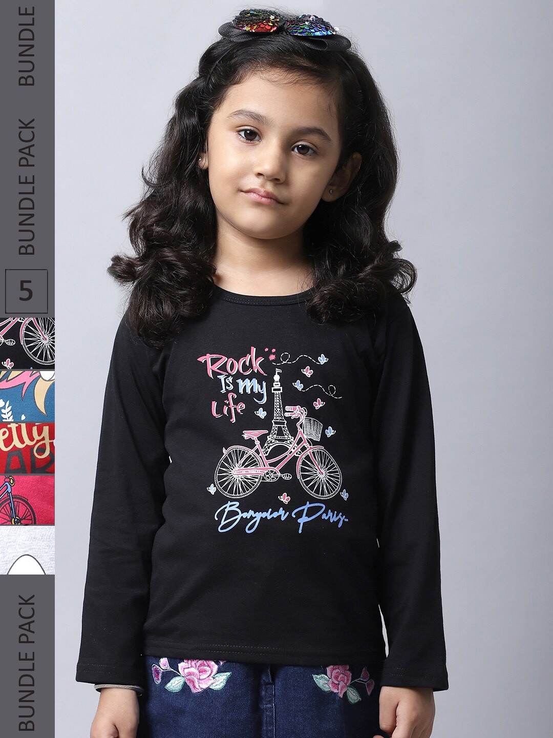 

BAESD Girls Pack Of 5 Graphic Printed Cotton T-shirt, Black