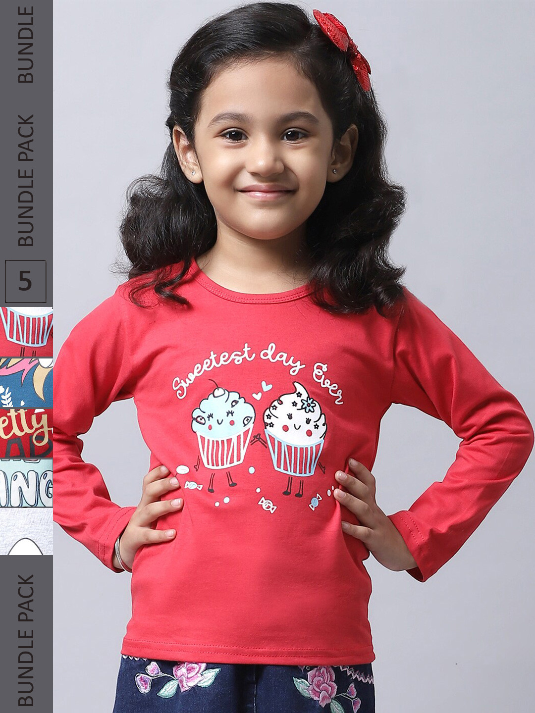 

BAESD Girls Pack of 5 Graphic Printed Cotton T-shirts, Red