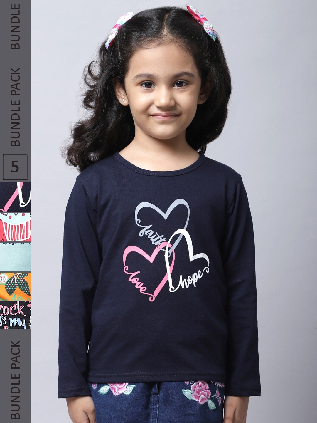 

BAESD Girls Pack of 5 Typography Printed Cotton T-shirt, Navy blue