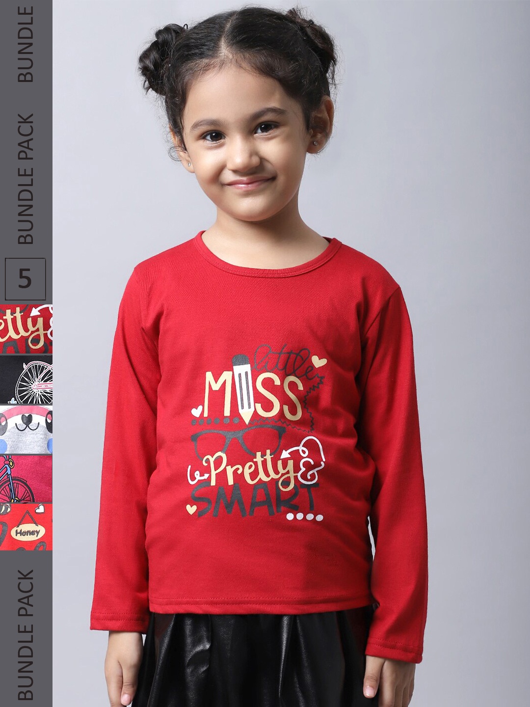 

BAESD Girls Pack Of 5 Graphic Printed Cotton T-shirt, Red