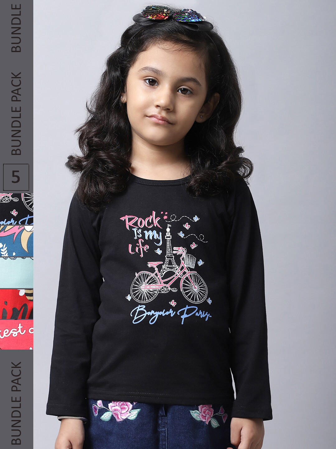 

BAESD Girls Pack Of 5 Graphic Printed Long Sleeve Pure Cotton T-shirt, Black