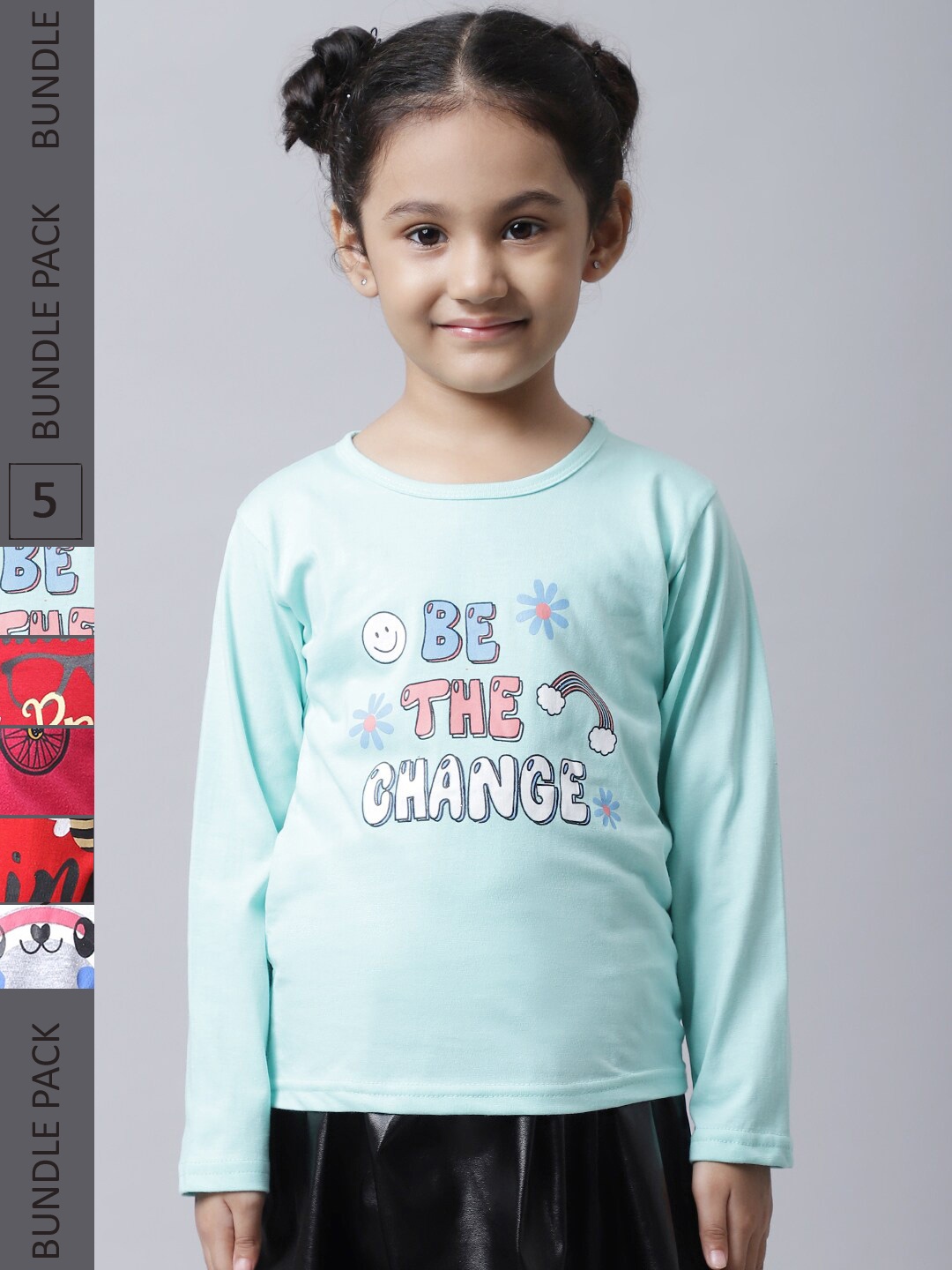 

BAESD Girls Pack Of 5 Typography Printed Cotton T-shirts, Blue