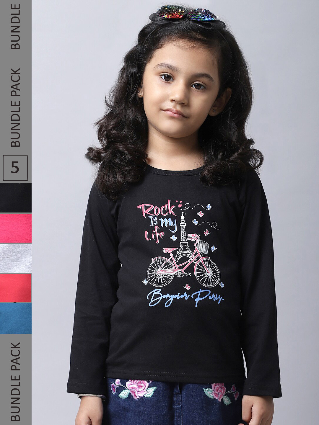 

BAESD Girls Pack Of 5 Typography Printed Long Sleeves Cotton T-shirt, Black