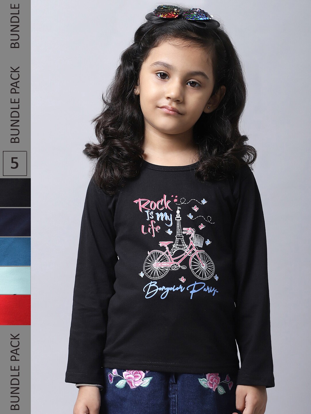 

BAESD Girls Pack Of 5 Graphic Printed Cotton T-shirts, Black