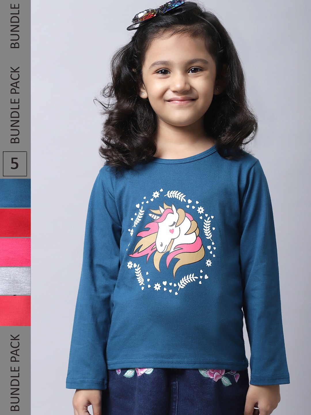 

BAESD Girls Pack Of 5 Graphic Printed Long Sleeve Pure Cotton T-shirt, Blue
