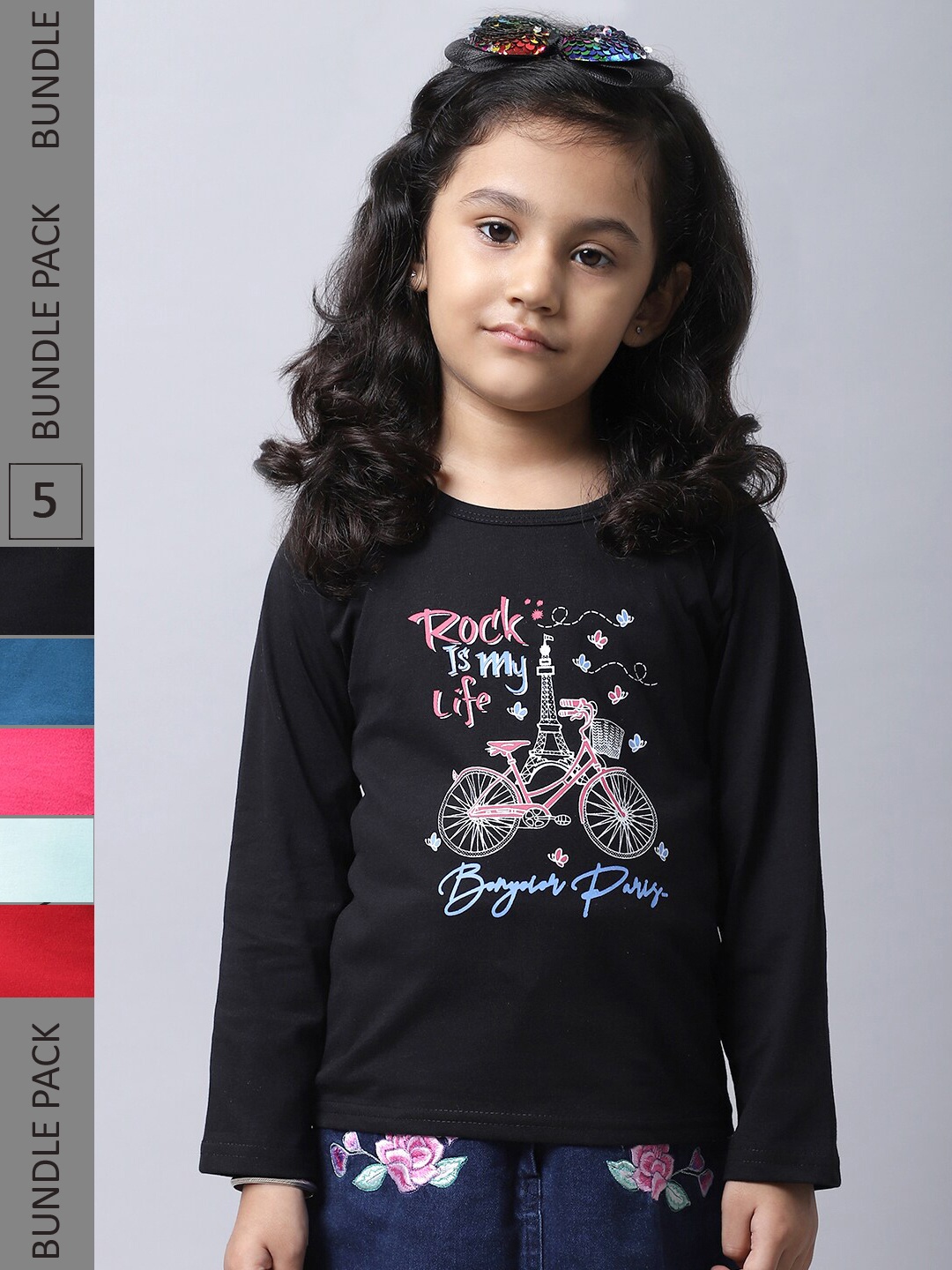 

BAESD Pack Of 5 Girls Printed Cotton Casual T-Shirts, Black